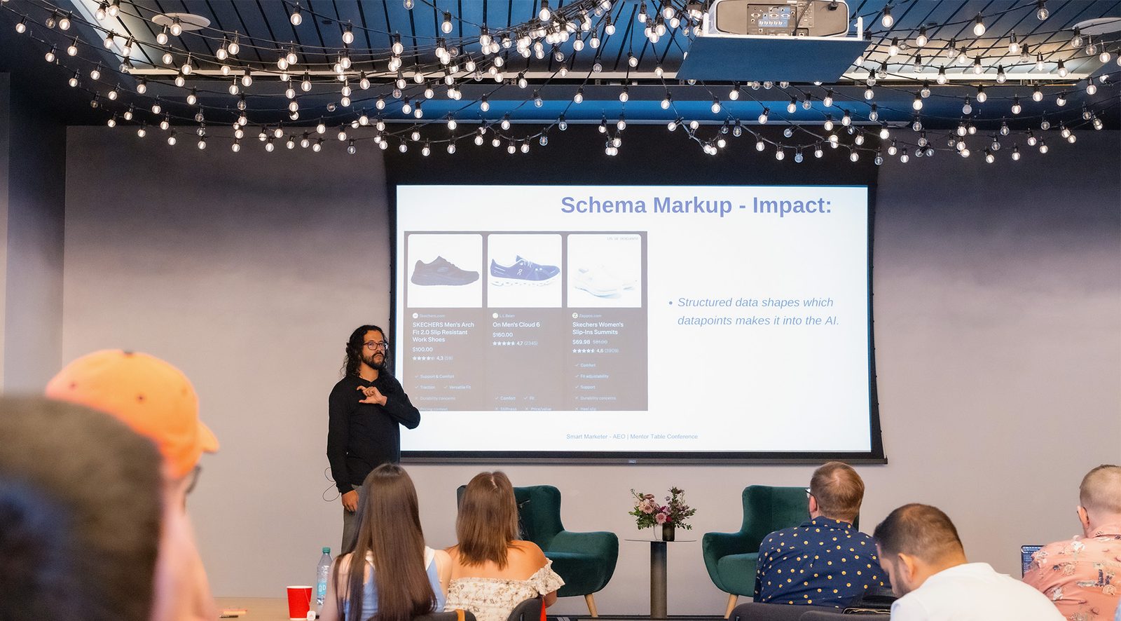 Julian Lopez presenting a 'Schema Markup — Impact' slide showing how structured data shapes which datapoints reach AI answer engines.